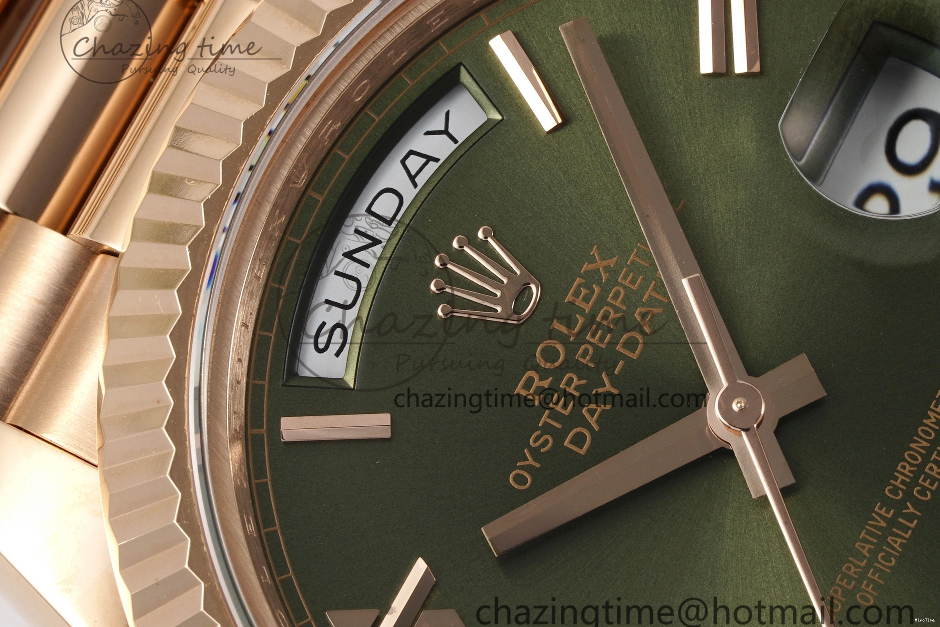 MiroTime 0516 DayDate 40 RG JDF Gain Weight 904L Steel Green Dial Roman Markers on President Bracelet A2836 V Trendsetting 1816